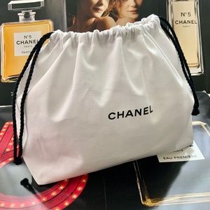 CHANEL white cotton canvas drawstring pouch cosmetic bag storage bag - Authentic